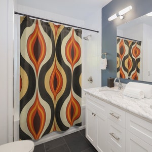 Retro Geometric Polyester Shower Curtain: 70s Style Bathroom Decor