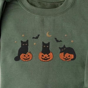 EMBROIDERED Cute Black Cat Pumpkin Sweatshirt, Cozy Cat Lover Gift, Autumn Vibes Tee, Cozy Fall Spooky Autumn Halloween Embroidered Shirt
