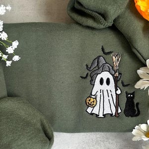EMBROIDERED Cute Ghost and Black Cat Sweatshirt, Witch Ghost Cozy Cat Lover Gift, Autumn Vibes Tee, Cozy Fall Halloween Embroidered Shirt