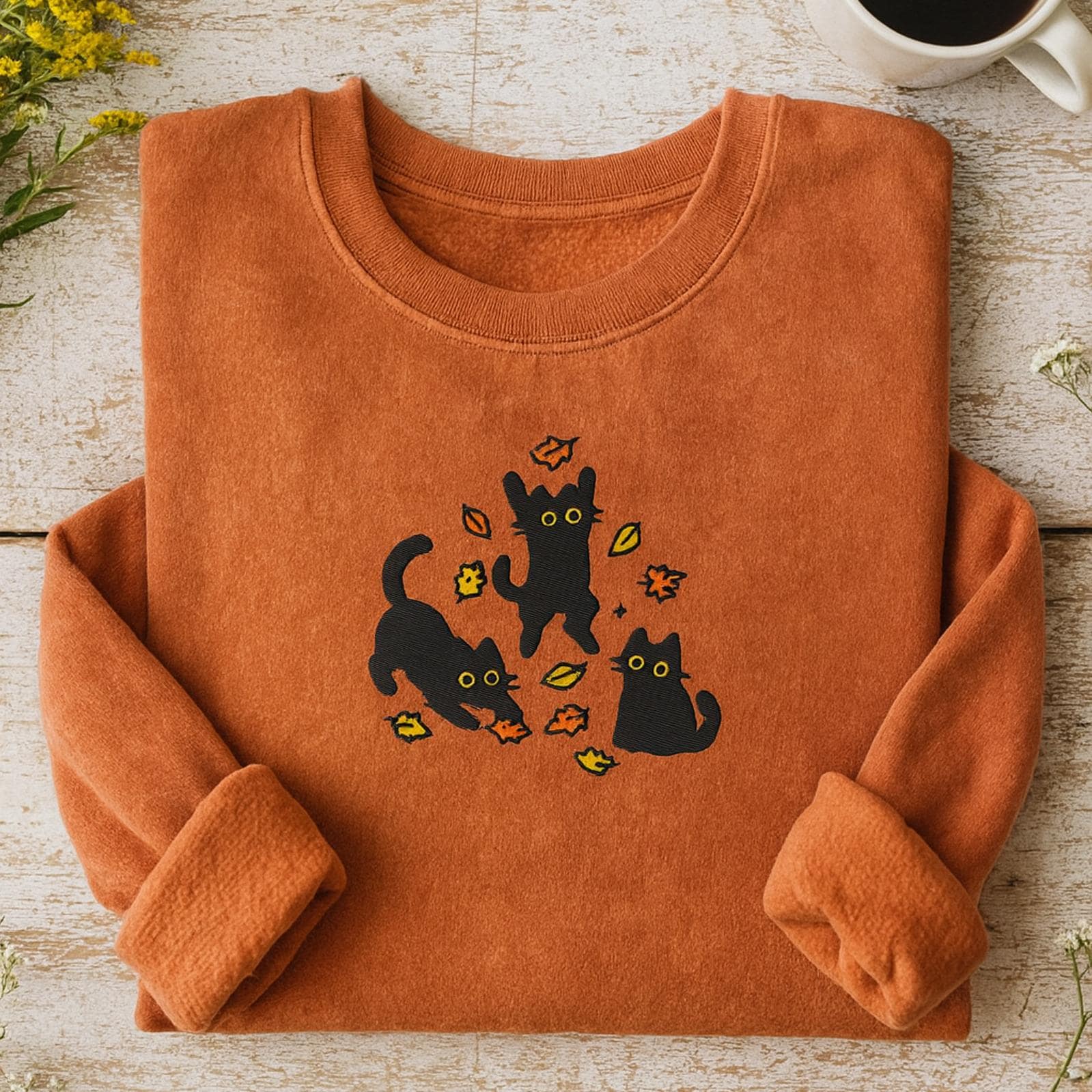 Embroidered Black Cat Sweatshirt: Pouncing Leaves, Cozy Fall Vibes