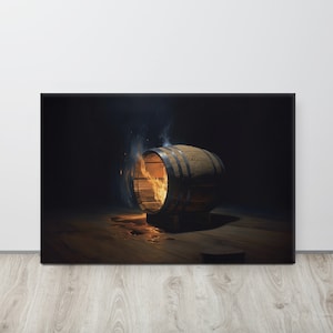 Whiskey Barrel Oil Canvas Print | Flamming Charred Oak Barrel | Man Cave Wall Art Decor
