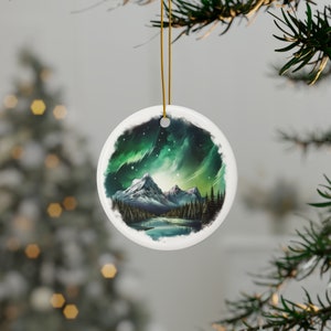 Rocky Mountain With Northern Lights Christmas Ornament | Ceramic Double Sided |