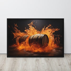 Barrel Fire Splash | Whiskey Framed Canvas Print