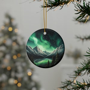 Scenic Mountains Northern Lights Christmas Ornament | Ceramic Double Sided