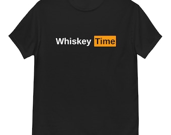 May include: Black t-shirt with white text that reads "Whiskey Time" in a yellow box.