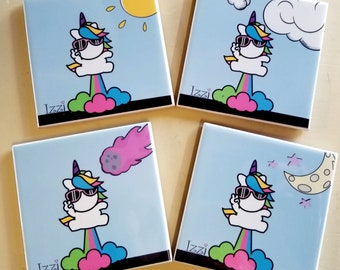 Set di 4 sottobicchieri di unicorno magico, unicorno scoreggia, unicorno cool, unicorno dei cartoni animati, regalo di unicorno, sottobicchieri d'arte, set di sottobicchieri, sottobicchiere in ceramica