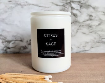 CITRUS + SAGE Soy Candle - 100% Pure Soy - Glass Jars - Purpose Driven - Sustainable - Causeworthy Candles - Clean - Eco-Friendly - White