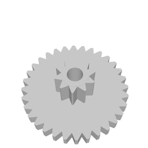 May include: A gray metal gear with a smaller gear in the center. The gear has a large number of teeth.