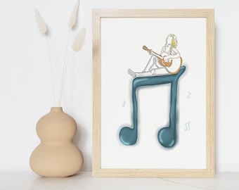 guitar girl digital art, music printable, wall art, digital art, instant download art, music wall decor, bedroom wall decor