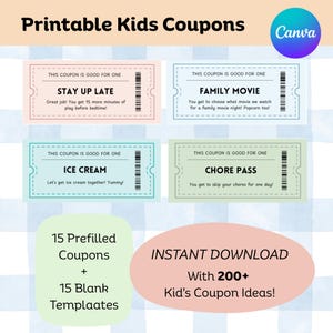 Editable Kids Coupons, Printable Kids Coupons, Chore Rewards, Canva Coupon Template, Printable Canva Template, Chore Coupon, Reward Ideas