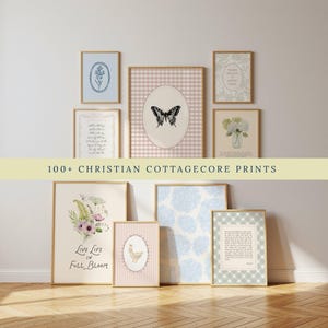 May include: A collection of ten framed wall art prints featuring various designs including a butterfly, a duck, floral arrangements, and text-based quotes. The frames are light wood, and the prints display patterns like gingham and botanical illustrations.