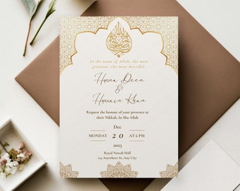 Pack of 10 Islamic Gold and White Wedding/Nikkah Invitation, Muslim Wedding Invite (without envelopes)