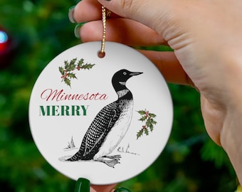 MINNESOTA MERRY Loon Bird MN Christmas Round Ceramic Ornament Holiday Tree Decor Gift for Minnesotan