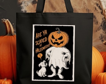 Vintage Halloween Graphic Black Cotton Canvas Tote Bag - Halloween Gift, Reusable Shopping Bag, Retro Style, Trick or Treat Bag