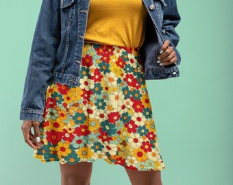 Colorful Flowers Retro Inspired Floral Pattern Polyester Spandex Women's Skater Skirt Boho Fashion Clothing