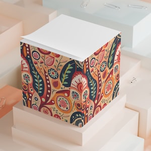 Scandinavian Folk Art Inspired Orange Floral Flowers Colorful Art Sticky Note Cube 700 Sticky Notes Paper Stationery Gift Office Home Gifts