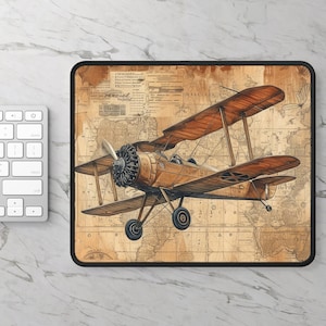 Vintage Bi-plane Airplane Aviation Pattern 9 x 7 Inch Neoprene Gaming Mouse Pad Tech Accessory Gift
