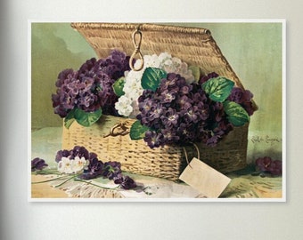 Basket of Violets Flowers Vintage Floral Art Premium Matte Paper Pine Wooden Framed Poster Wall Decor VARIOUS SIZES