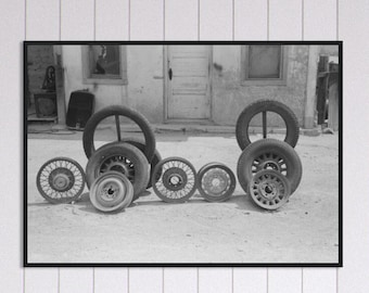 Automobile Tires Car Wheels Vintage Black and White Photo Premium Matte Paper Black Pine Wooden Framed Poster Wall Decor VARIOUS SIZES