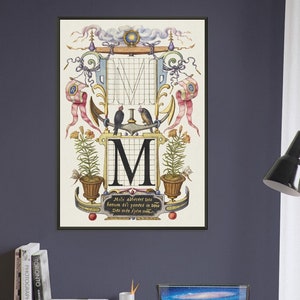 Lettre M Calligraphie Guide 16e siècle vintage Art Reproduction Premium Matte Paper Black Metal Encadré Poster Wall Decor DIFFÉRENTES TAILLES