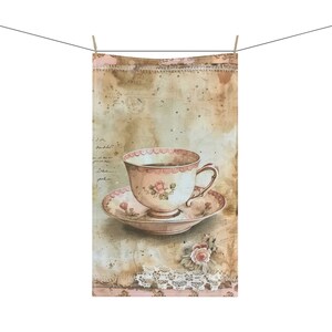 Victorian Style Teacup Floral Pattern 18" x 30" Kitchen Tea Towel Polyester or Cotton Twill Kitchen Home Decor Tea Lover Gift