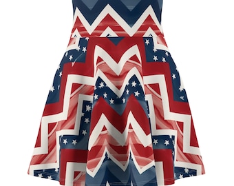 Patriotic Vintage Inspired Red White Blue Chevron Pattern Polyester Spandex Women's Skater Skirt Boho Fashion Clothing 4th of July Skirt