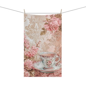 Victorian Style Teacup Floral Pattern 18&quot; x 30&quot; Kitchen Tea Towel Polyester or Cotton Twill Kitchen Home Decor Tea Lover Gift