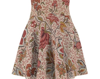 18th Century Vintage Pink Floral Flower Pattern Polyester Spandex Women's Skater Skirt Art Nouveau Fashion Above Knee Elastic Waist Skirt