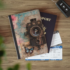 Vintage Wanderlust Camera Art PASSPORT WALLET International Travel Accessory RFID Blocking Passport Cover Globetrotter Gift