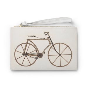 Puede incluir: Una bolsa blanca con cremallera con una ilustración de una bicicleta vintage marrón y negra.