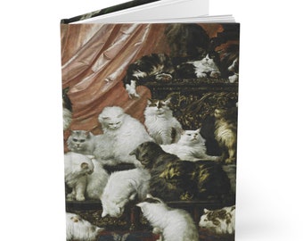 Puede incluir: Una pintura que representa a un grupo de gatos, principalmente blancos, sentados en una superficie de madera oscura ricamente decorada. Los gatos están dispuestos en varias poses, algunos mirando al espectador, otros mirando hacia otro lado. El fondo es una suave cortina rosa y blanca.