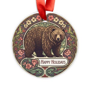Grizzly Bear - Round Acrylic Ornament - Personalized Animal Lover Gift - Art Nouveau Style - Christmas Decoration - Holiday Decor