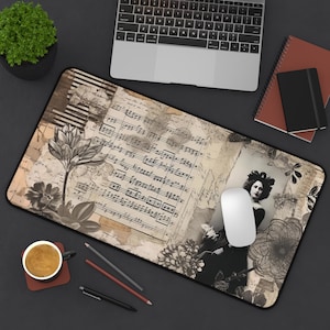 May include: A vintage-style mouse pad with a musical score, floral designs, and a woman in a vintage dress. The mouse pad is brown and beige with black accents.
