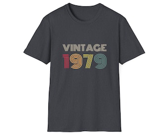 VINTAGE 1979 Unisex Gildan Softstyle T-Shirt Retro Graphic Crewneck Tee Birthday Gift Eco Friendly Ethical Clothing Birth Year Shirt