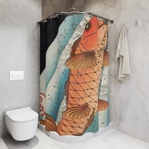 Red Carp Ascending Waterfall, Japanese Vintage Fish Koi Art, Japan Artwork, Asian Bathroom Decor, 71&quot; x 74&quot; Polyester Fabric Shower Curtain