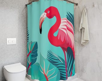 Fenicottero rosa con turchese, giardino tropicale, arredo bagno, tenda da doccia in poliestere 71" x 74"