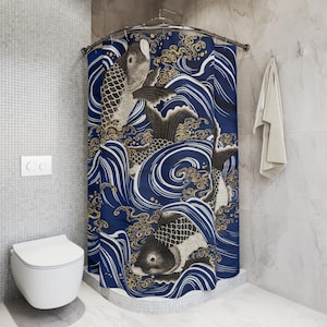 Carp Waves Koi Ocean, Japanese Meiji Period Vintage Fish Art Reproduction, Japan Asian Bathroom Decor, 71&quot; x 74&quot; Polyester Shower Curtain