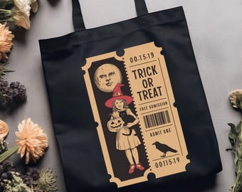 Vintage Halloween Ticket Graphic Black Cotton Canvas Tote Bag - Halloween Gift, Reusable Shopping Bag, Vintage Style, Trick or Treat Bag