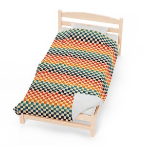 Retro Rainbow Check Pattern, Cozy Velveteen Plush Blanket, Couch Throw Blanket, Bedroom Bedding, Blanket Gift, 3 Sizes