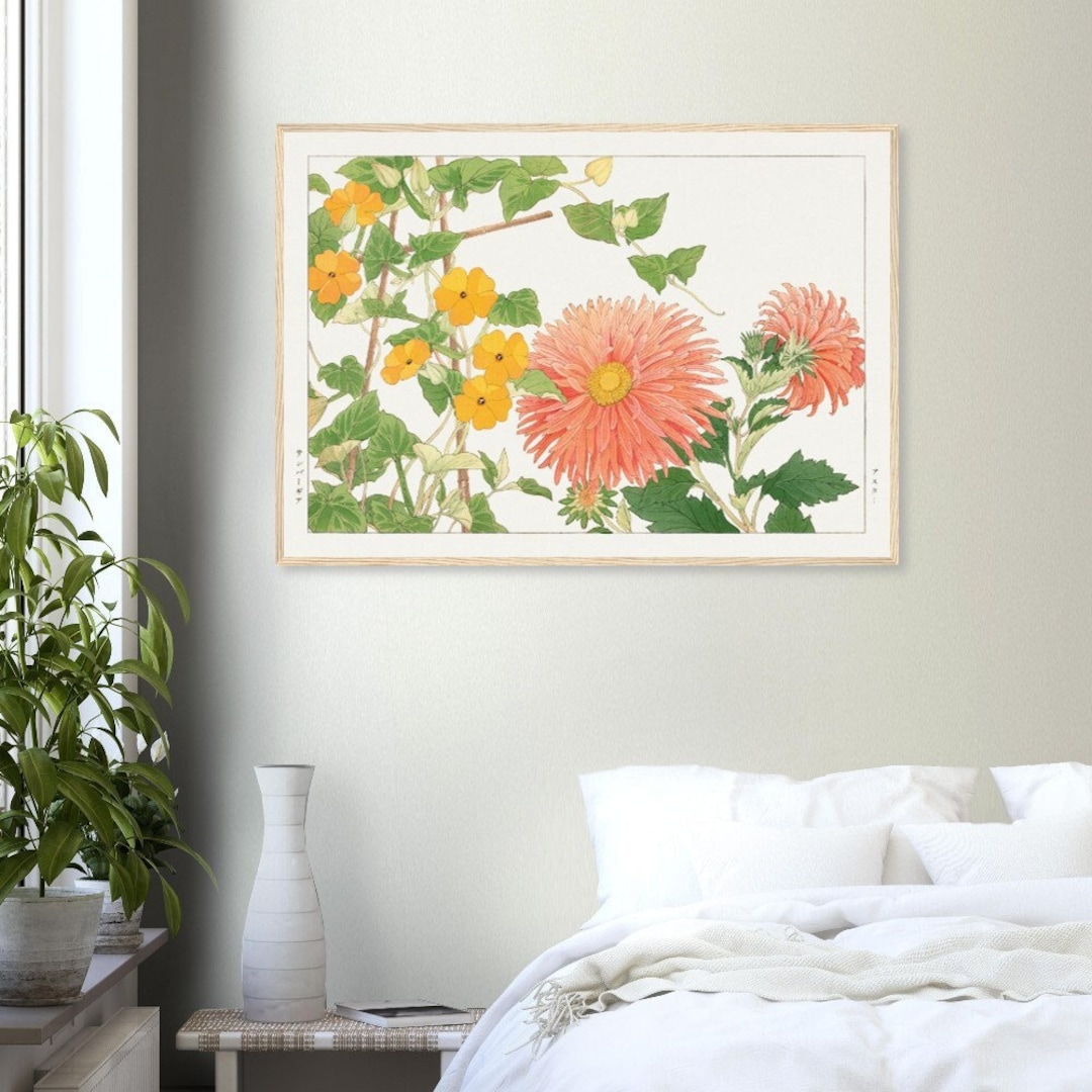 Thunbergia and Aster Flowers Japanese Vintage Floral Woodblock Art