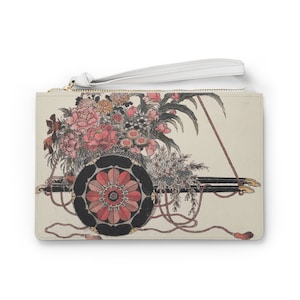Vegan lederen rechthoek schoudertasje Clutch Bag Saffiano patroon Finish Vintage Japanse Woodblock 19e eeuwse kunst Hokusai bloemenkar