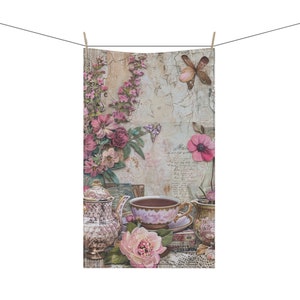 Victorian Style Teacup Floral Pattern 18" x 30" Kitchen Tea Towel Polyester or Cotton Twill Kitchen Home Decor Tea Lover Gift
