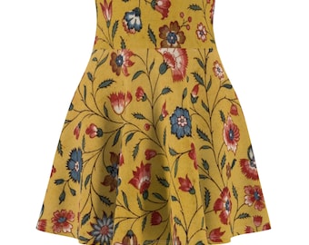 Yellow Vintage Flowers 19th Century Floral Textile Pattern Polyester Spandex Women's Skater Skirt Above Knee Elastic Waist Skirt Fashion