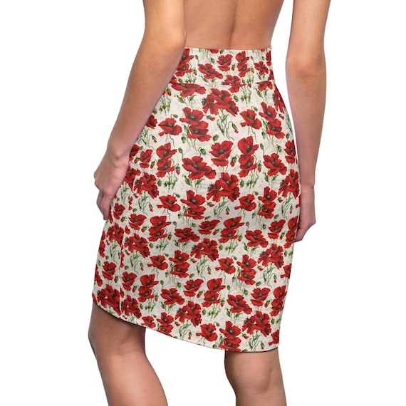 Vintage Red Poppy Floral Pattern Women's Pencil Skirt Womens