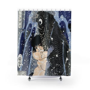 Sakata Kaido-maru Kintaro luttant contre la carpe géante, poisson carpe koï japonais vintage, décoration de salle de bain japonaise, rideau de douche en polyester de 71 x 74 po.