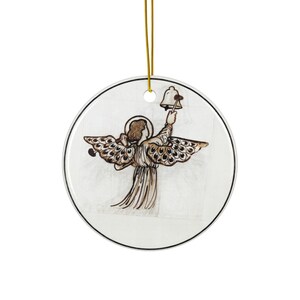Angel Ringing Bell in Heaven - Personalized Gift - Vintage Christmas Art - Round Ceramic Ornament