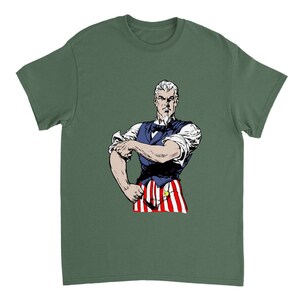 Buff Uncle Sam Rolling Up Sleeves Vintage American Patriotic Art Illustration Heavyweight Unisex Crewneck T-shirt VARIOUS COLORS SIZES