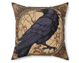 RAVEN Art Nouveau William Morris Style Art Spun Polyester Square PILLOW + COVER Bird Lover Throw Pillow Home Decor Gift