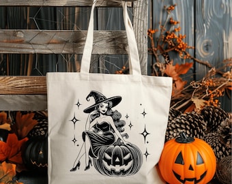 Bolsa de lona de algodón con diseño de bruja vintage y calabaza: regalo de Halloween, bolsa de compras reutilizable, estilo vintage, moda gótica, bolsa para pedir dulces
