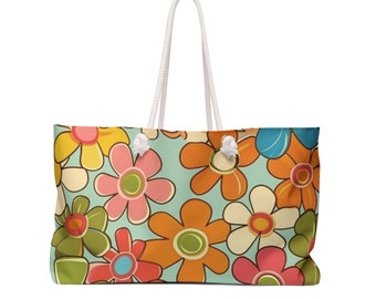 24x13 Polegada saco de fim de semana de poliéster girado boho retro padrão floral saco de praia sacola t-bottom corda alça bolsa presente para ela